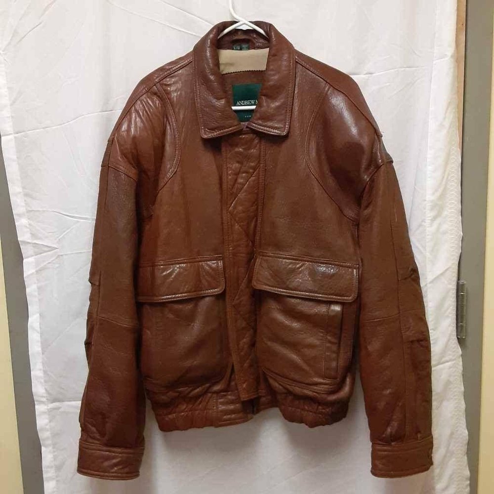 Andrew Marc Mens Leather Jacket Brown Flap Pocket